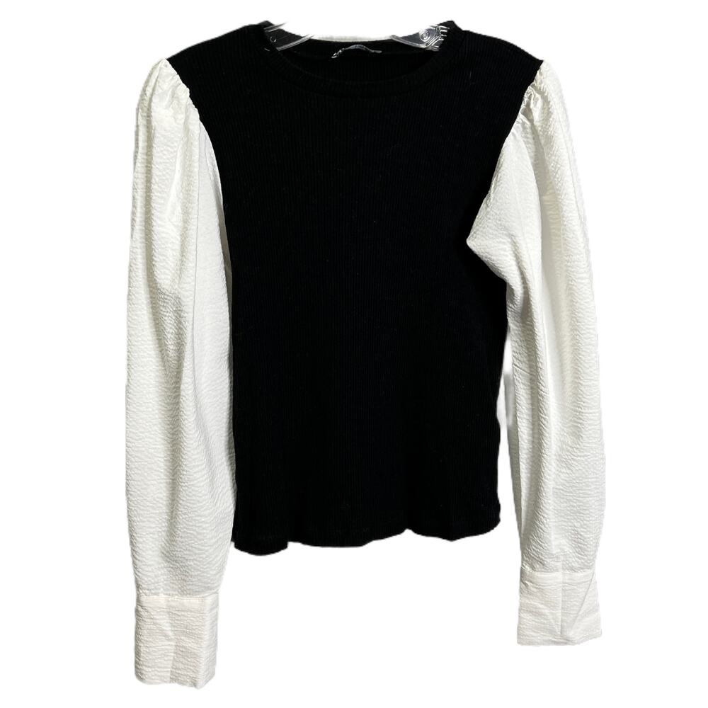 ZARA Women's Size L Top Black Ribbed White Puff Sleeve Crew Neck